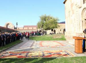 Bako Sahakyan partook at a solemn ceremony of donating Armenian style carpets to Artsakh churches