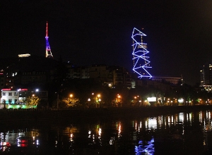 Tbilisi TV tower illuminated in colors of flag of Armenia